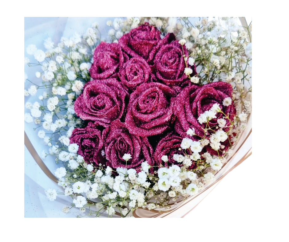 Glitter Rose Bouquet with Babies Breath (assorted sizes and colour's) - Jihaans Flower Emporium