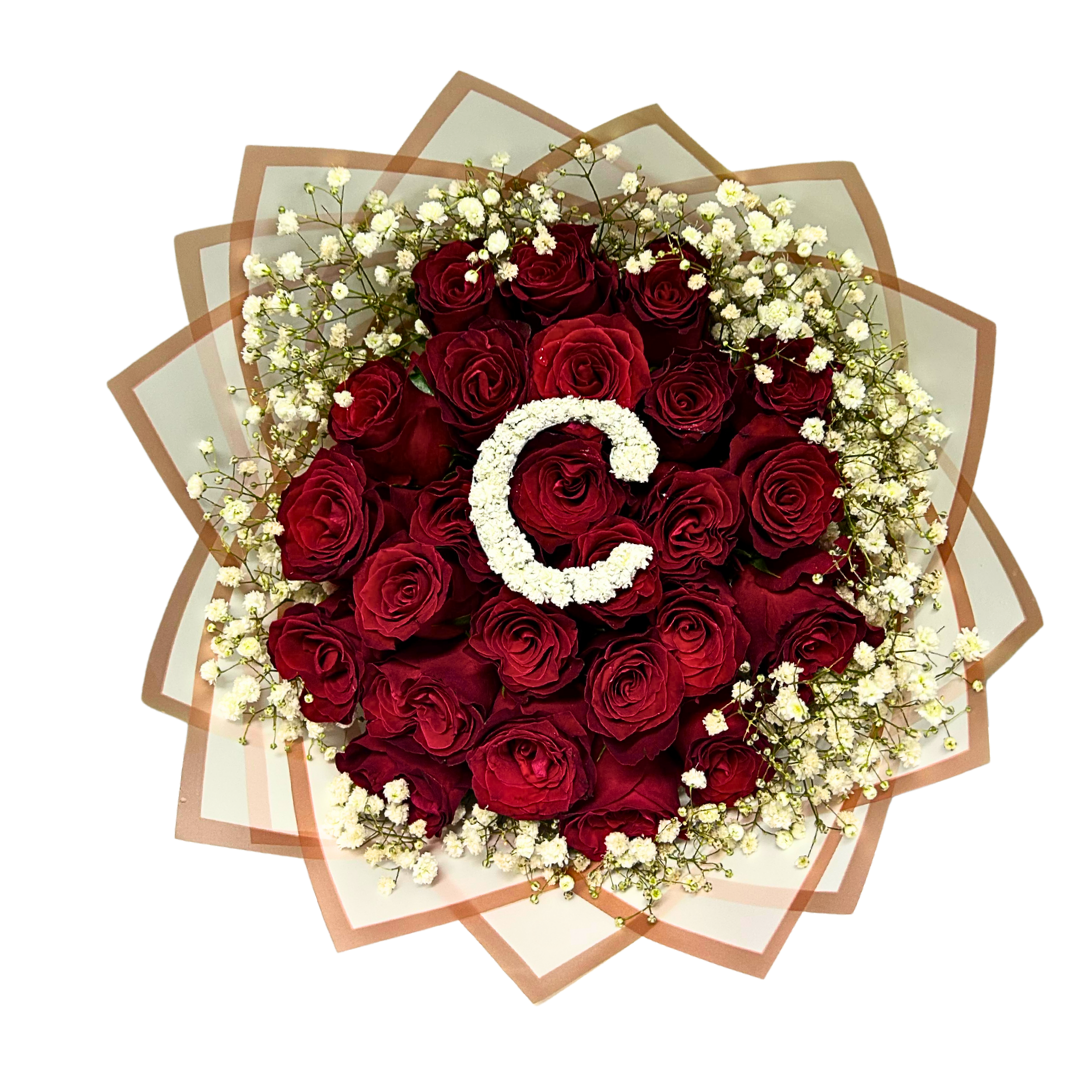 25 Stem Roses and Babies Breath  (with one Letter)  - Choose your own Colour - Jihaans Flower Emporium