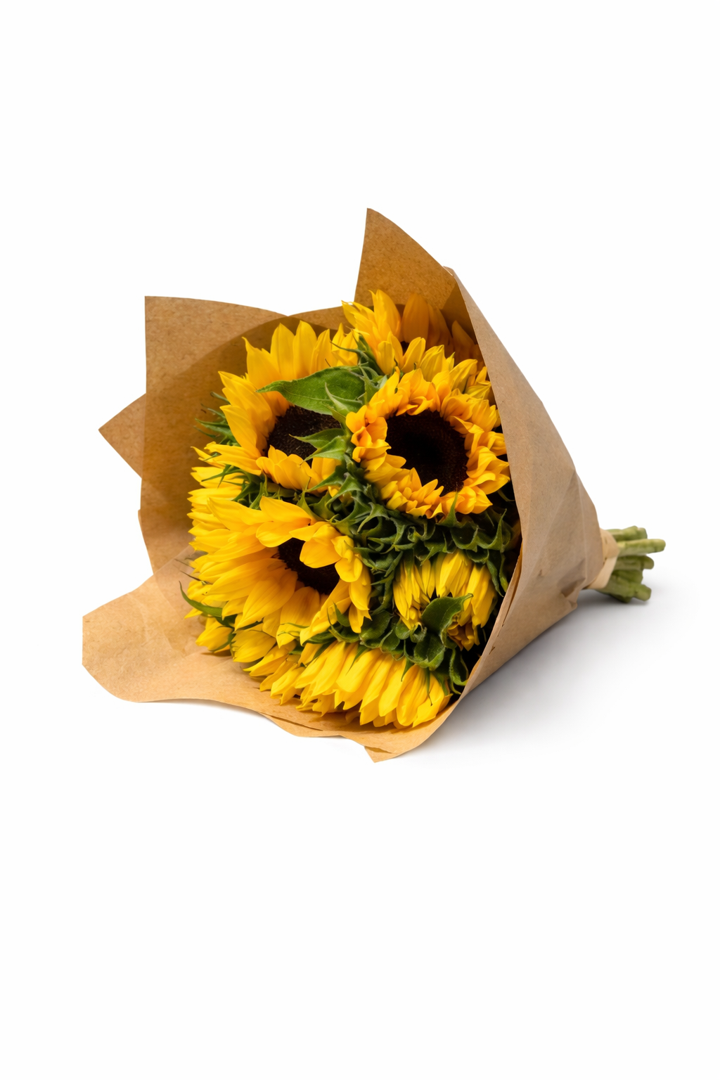 Bright sunflower arrangement in a vase, featuring vibrant yellow sunflowers and green foliage, perfect for cheerful decor.