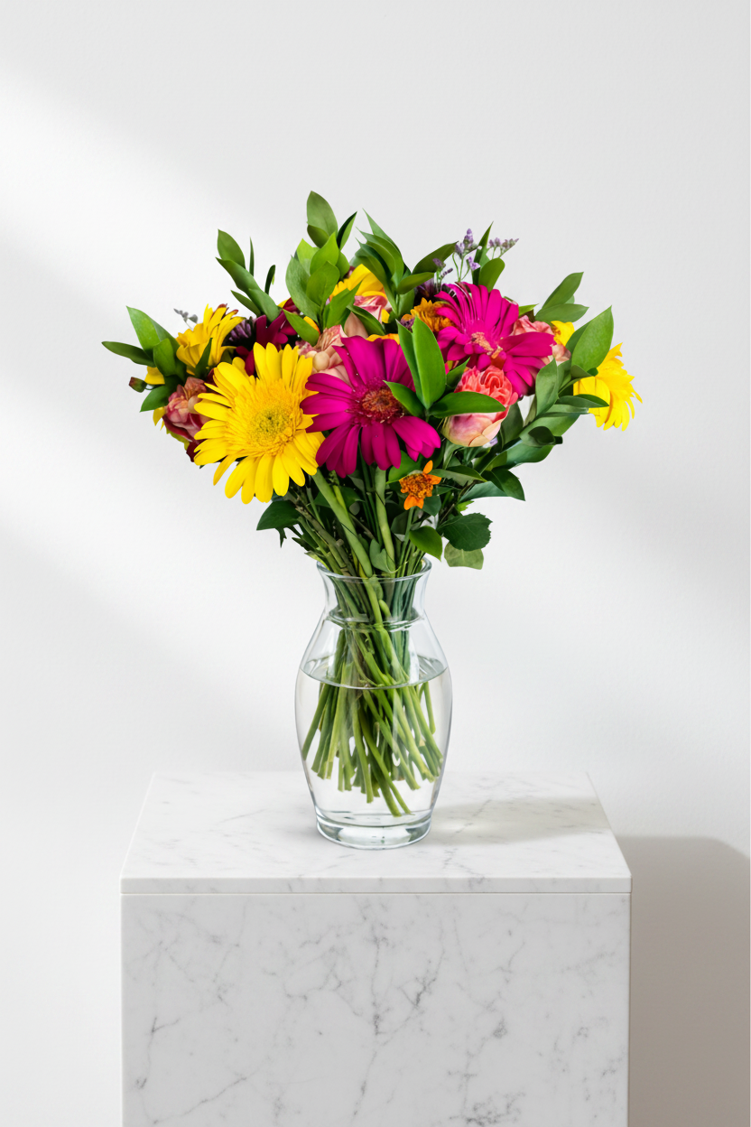 Daisy Buchanan flower arrangement in a clear glass vase, featuring white daisies and greenery, displayed on a wooden surface.