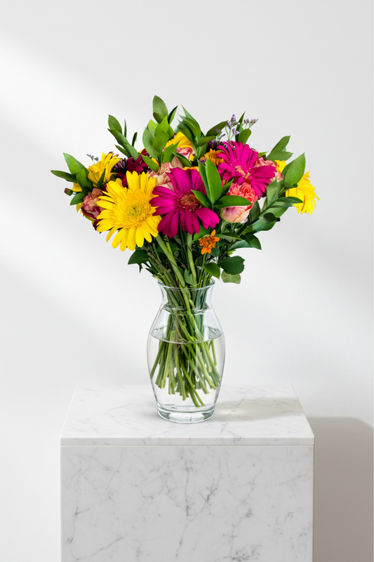 Daisy Buchanan flower arrangement in a clear glass vase, featuring white daisies and greenery, displayed on a wooden surface.