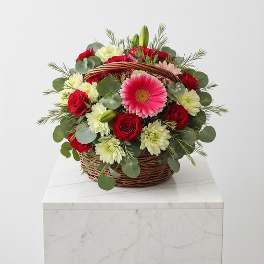 Colorful flower gift basket with assorted blooms in a natural woven basket, perfect for gifting from My Store's Bloom Basket collection.
