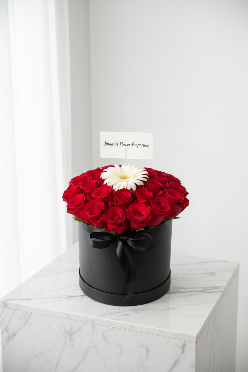 Bouquet of red roses with a single white daisy in a bucket, showcasing vibrant blooms and fresh floral arrangement.