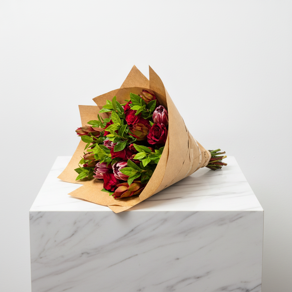 Colorful protea bunch featuring large, vibrant blooms and lush green foliage, perfect for floral arrangements.