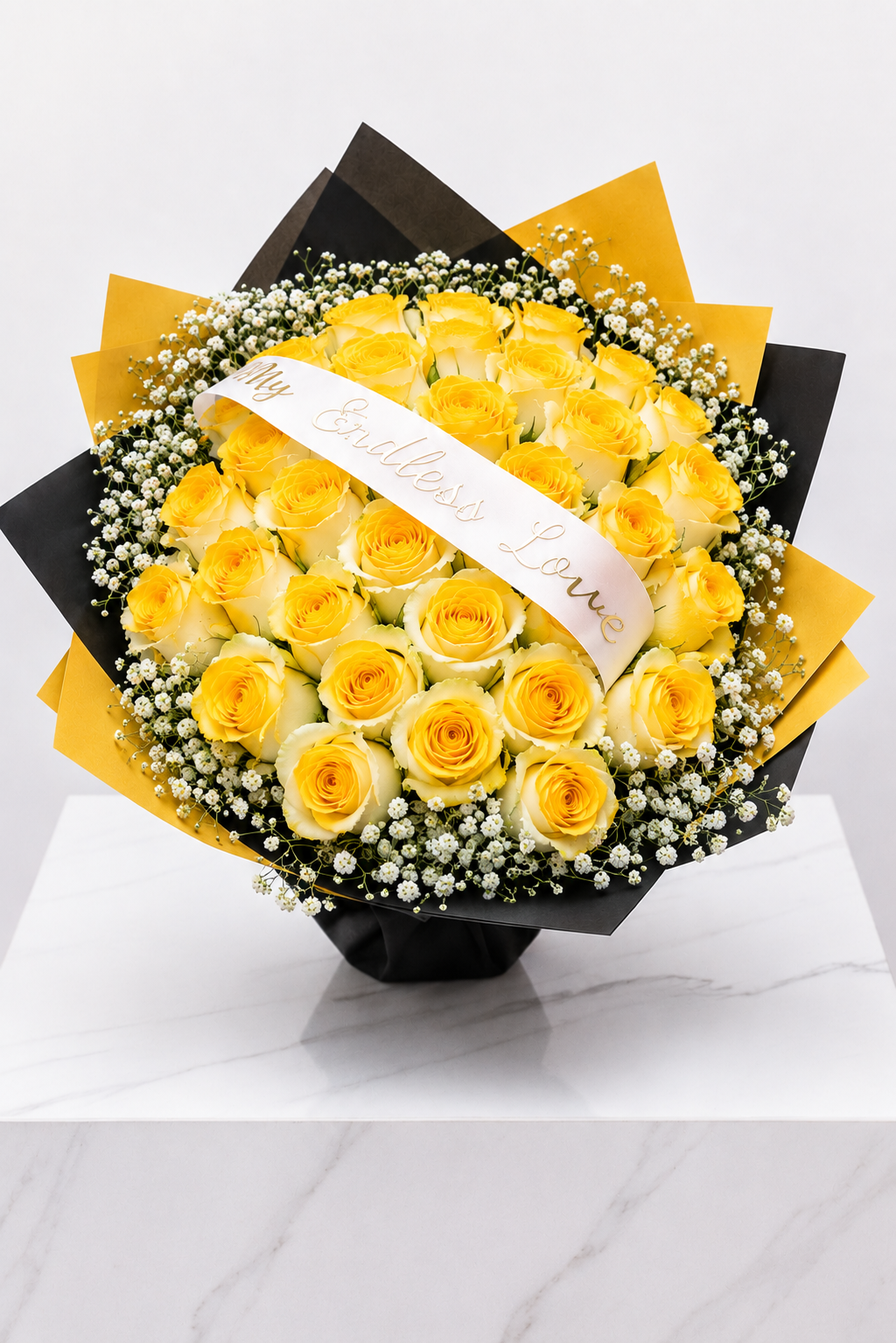 30-Stem Roses with Baby's Breath & Personalised Ribbon