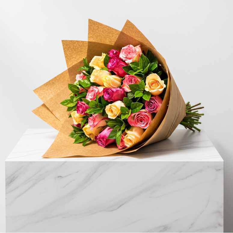 Colorful pastel roses arrangement with 24 roses from My Store, showcasing a vibrant and delicate floral display