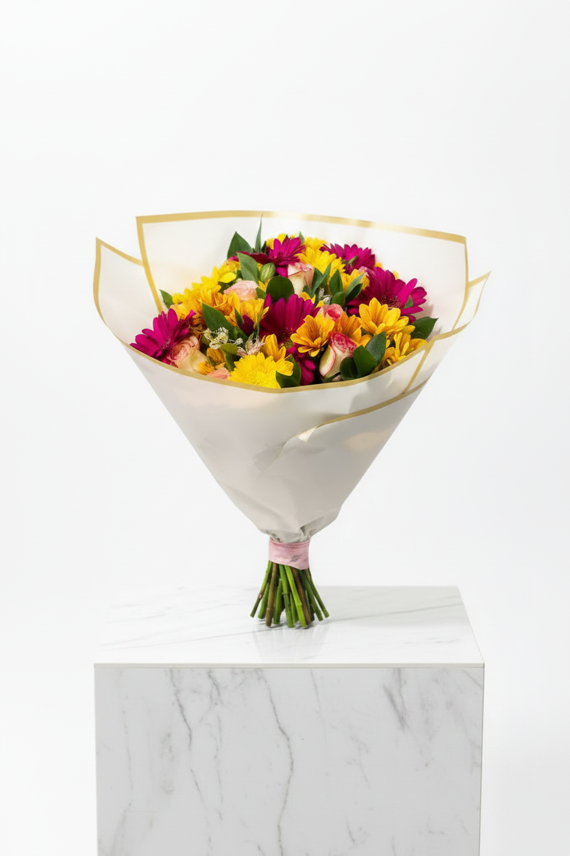 Daisy Buchanan bunch with fresh white daisies and green foliage, perfect for floral arrangements or gift displays.