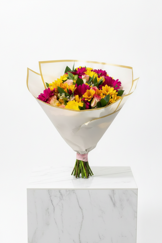 Daisy Buchanan bunch with fresh white daisies and green foliage, perfect for floral arrangements or gift displays.