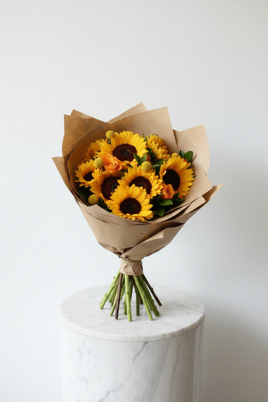 Bright Sunshine Bliss Bouquet featuring vibrant yellow and orange flowers arranged in a lush bouquet by My Store.