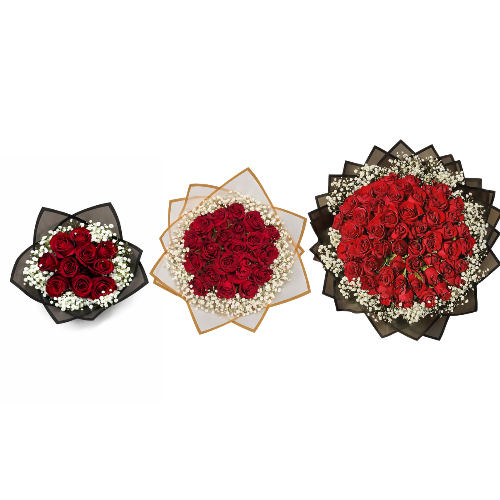 Assorted size and color rose bouquets with baby's breath, featuring pink, red, and white roses, arranged in a natural bouquet style.