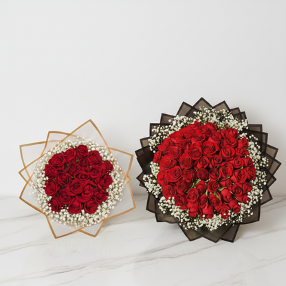 Assorted size and color rose bouquets with baby's breath, featuring fresh roses in various shades and arrangements.