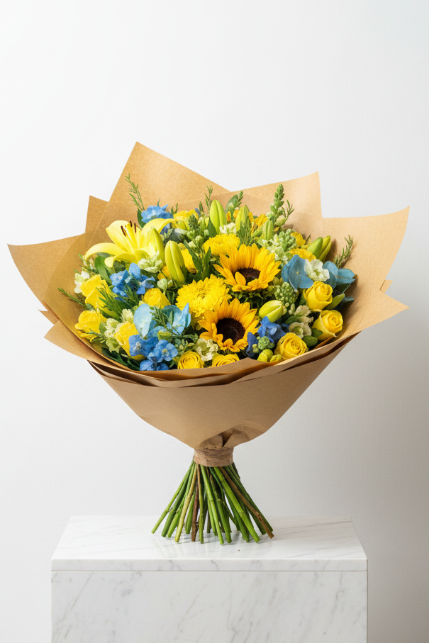 Bright and colorful sunflower bouquet in a vase, showcasing vibrant yellow blooms and lush green foliage, branded Sunshine Bloom Grandeur.