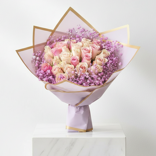 30 stem pink Roses with touches of pink babies breath - Jihaans Flower Emporium