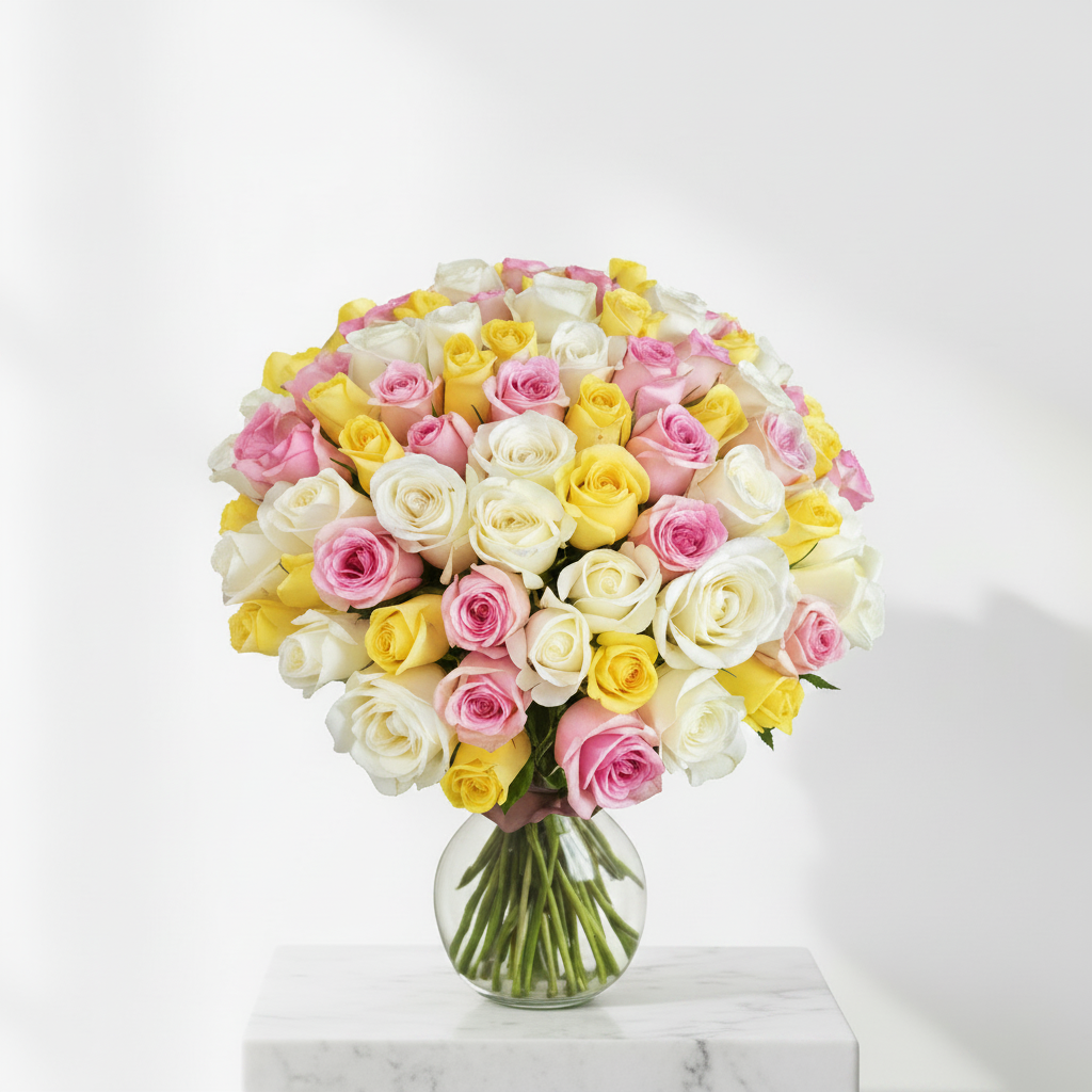 Beautiful pastel pink roses arranged in a bouquet, showcasing 80 stem roses from My Store.