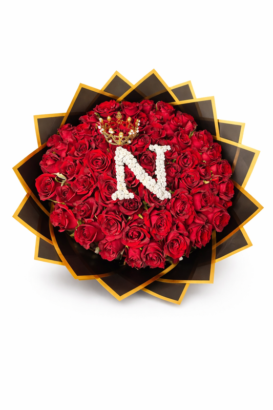 Fresh 60 stem roses with one custom letter in various colors, perfect for romantic or special occasions.