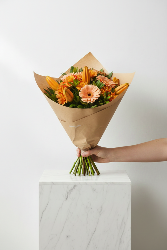 Peaches and cream floral arrangement featuring peach and white flowers, arranged in a decorative bouquet for elegant display.