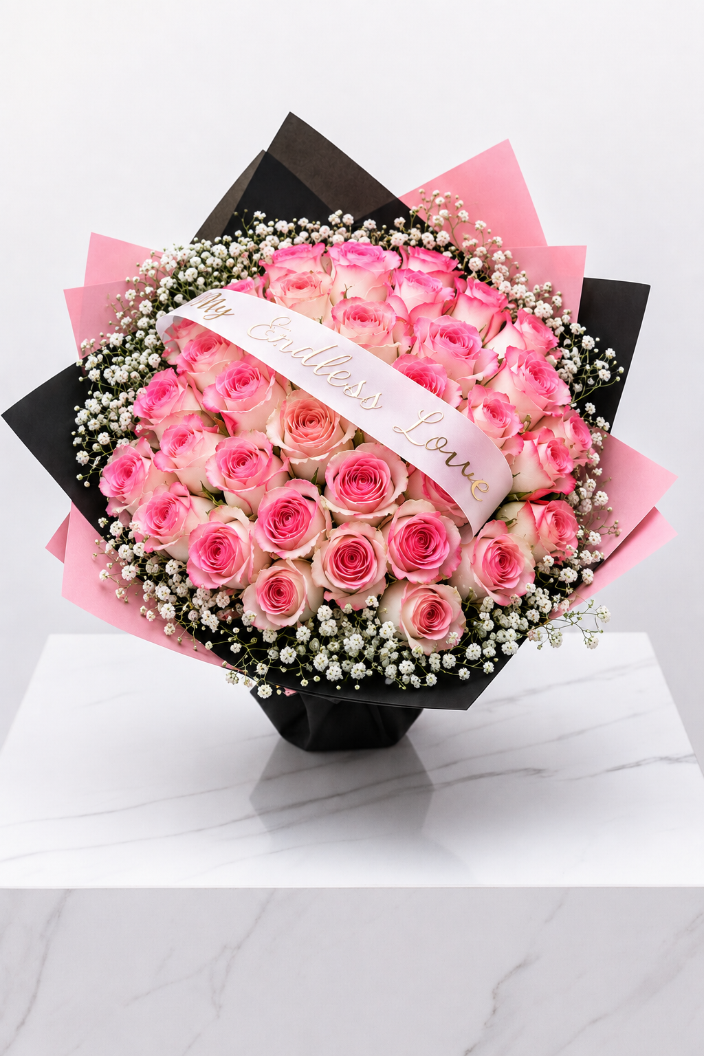 30-Stem Roses with Baby's Breath & Personalised Ribbon