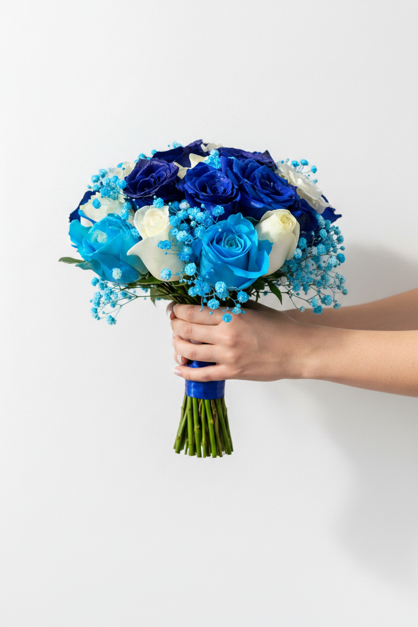 Blue and white bridal bouquet with 20 stems of fresh flowers, arranged with greenery and elegant design.