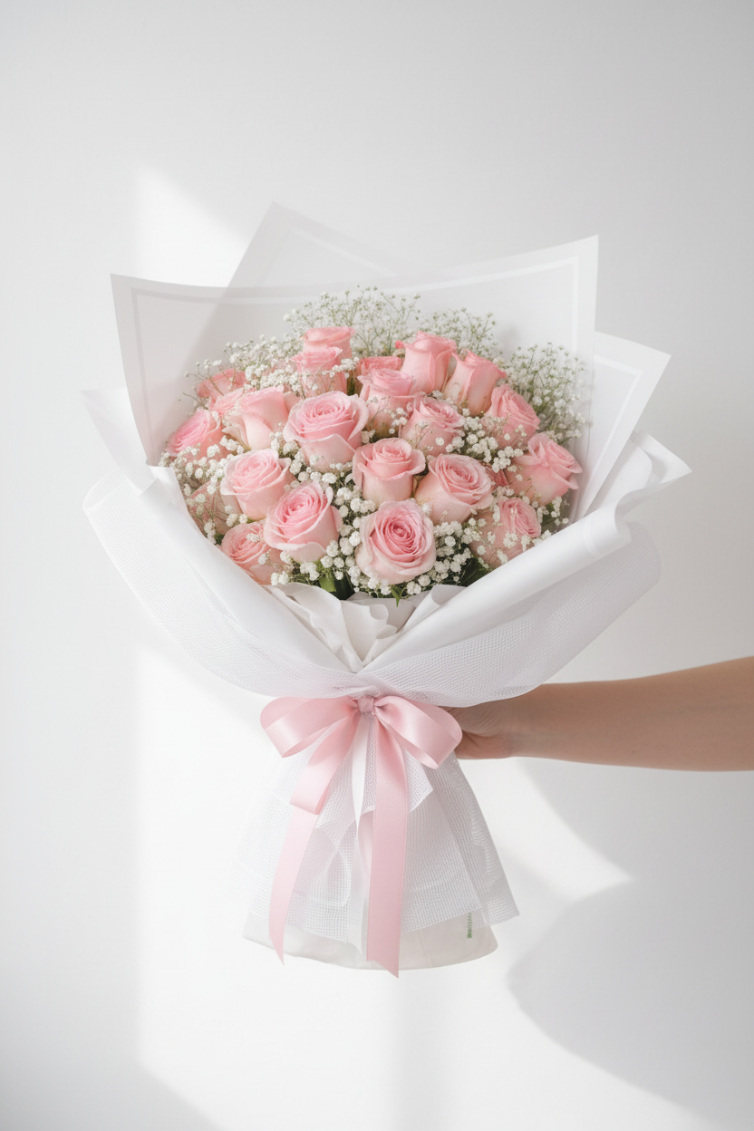 Softly, for myself floral arrangement by Jihaans Flower Emporium featuring pastel-colored flowers in a clear glass vase.