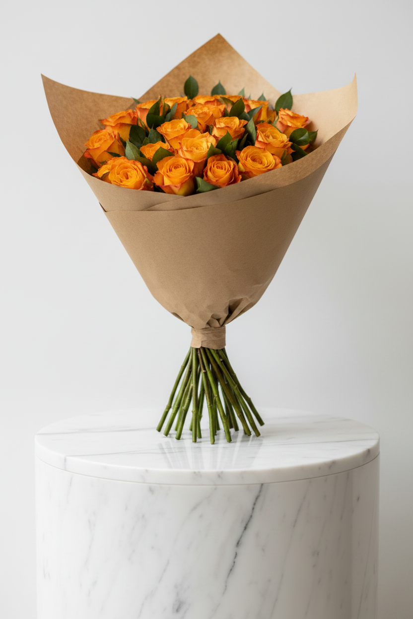 24 stems of sunset-colored flowers arranged in a bouquet, featuring vibrant orange and yellow blossoms with green foliage.