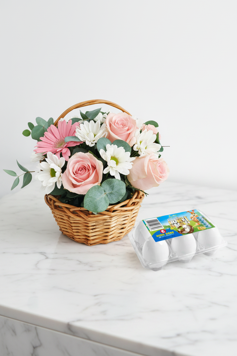 Easter Egg Blossom Basket with colorful flowers and decorative eggs, crafted by Jihaans Flower Emporium for festive gifts.