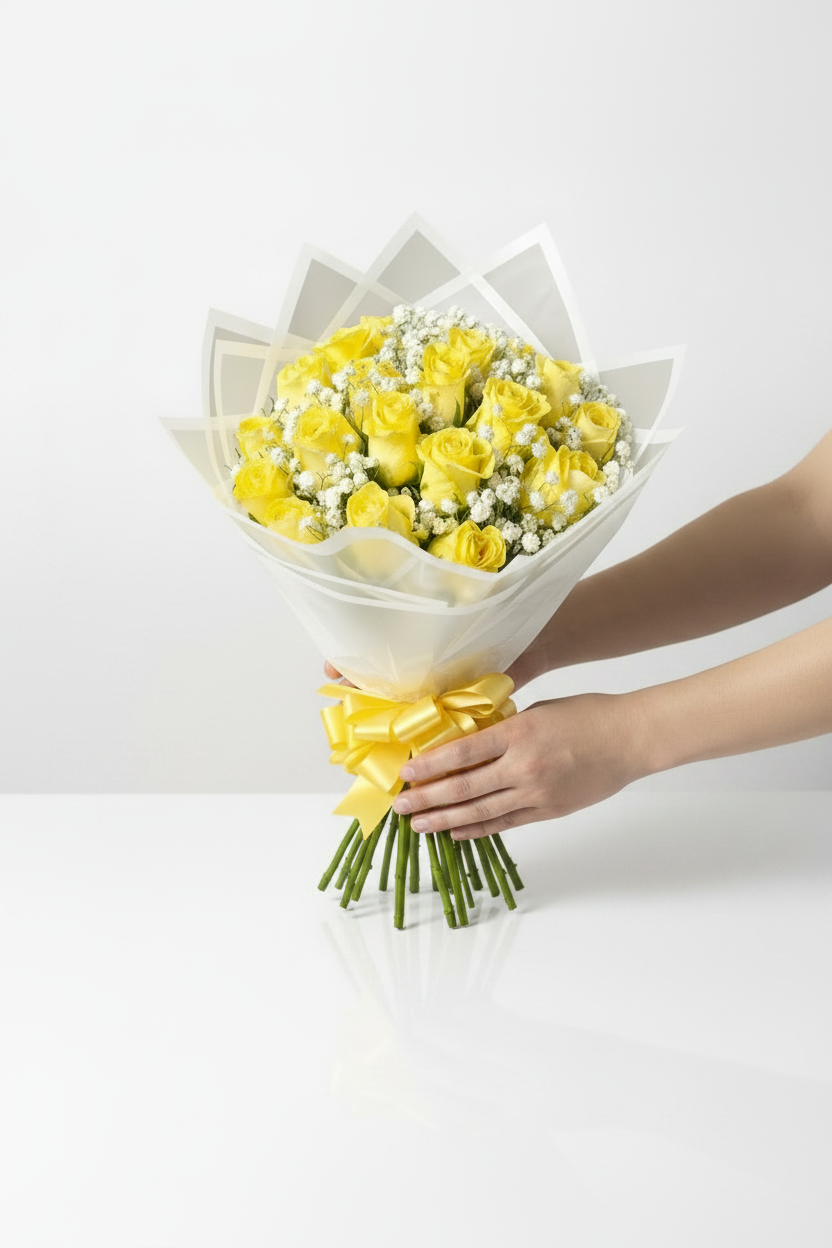 Bright yellow roses with delicate baby's breath flowers, arranged in a bouquet of 20 stems, from My Store.