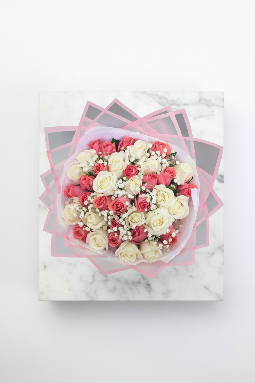 Pink and white roses bouquet with baby's breath, featuring 40 fresh roses arranged by My Store