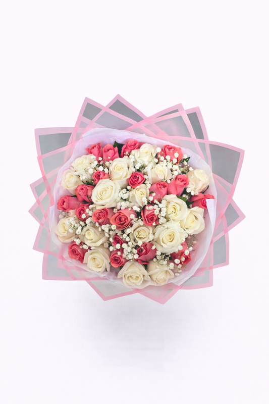 40 Stem pink and white Roses with Babies Breath - Jihaans Flower Emporium