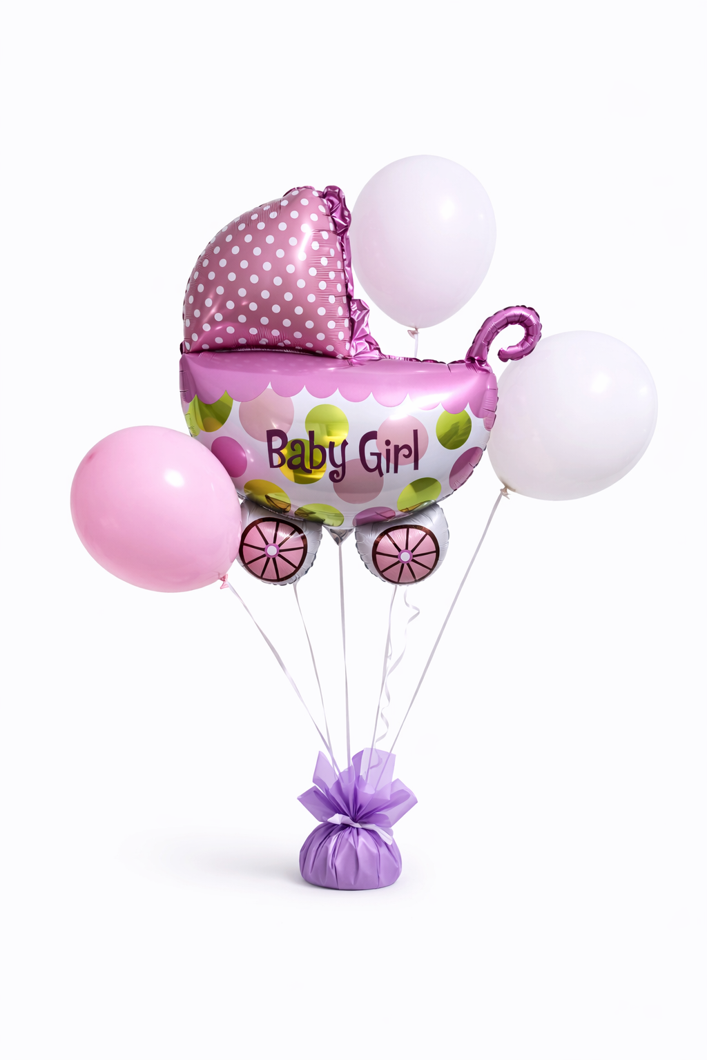 Baby girl carriage balloon set featuring pink and white balloons for baby shower celebration, decorative party balloons.