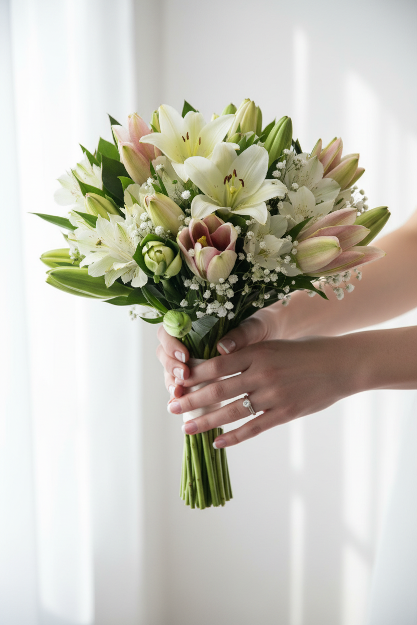 Beautiful bridal bouquet featuring white and blush flowers with greenery, perfect for weddings and special occasions.