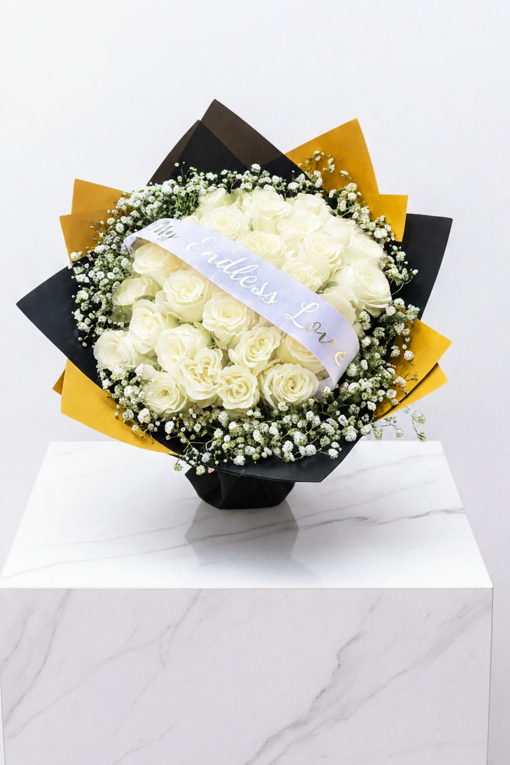 30-Stem Roses with Baby's Breath & Personalised Ribbon