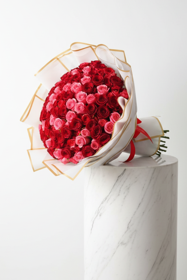 Bouquet of 100 red and pink roses, fresh floral arrangement showcasing vibrant blooms and lush green leaves.