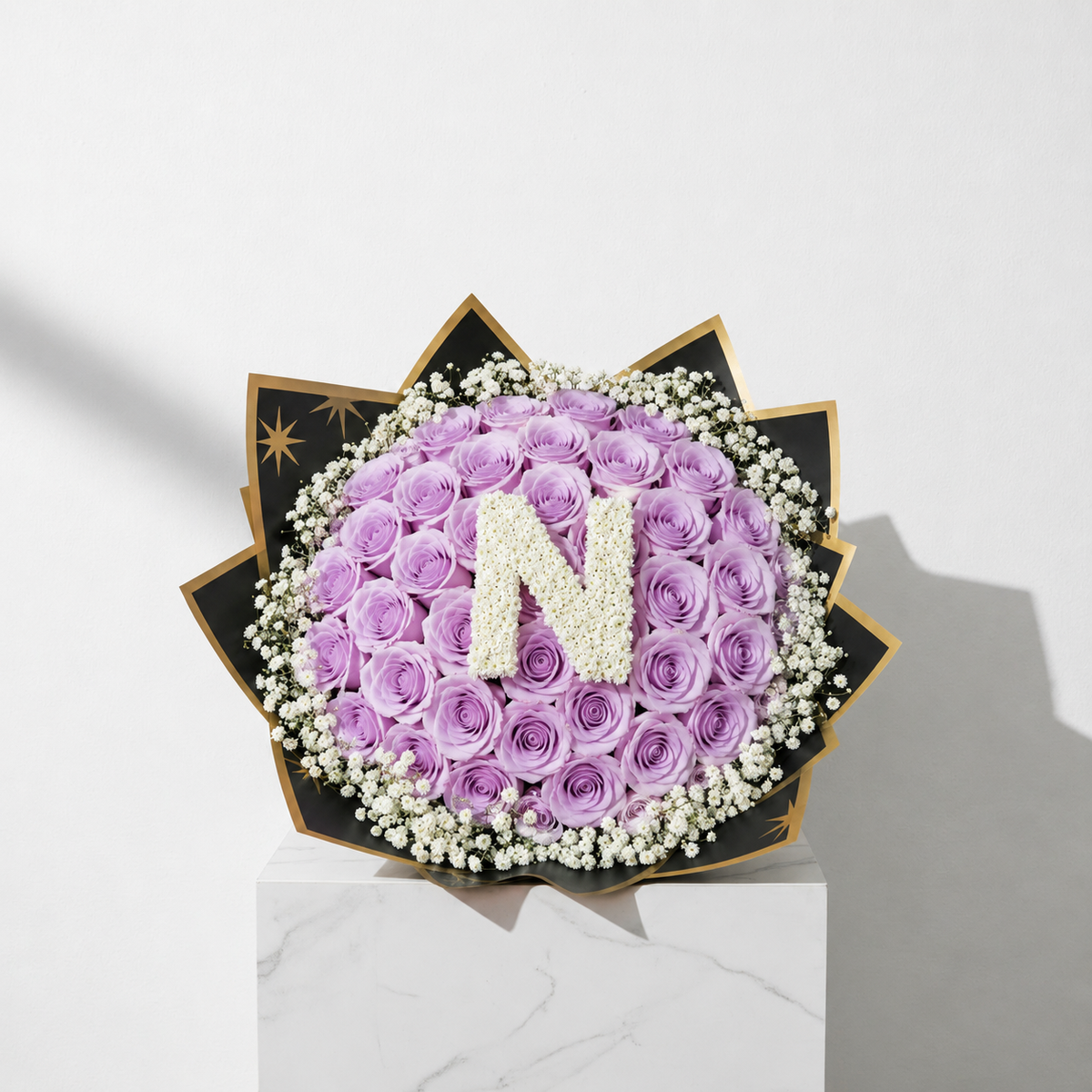 50-Stem Roses with Baby's Breath, Colour of Your Choice & One Letter