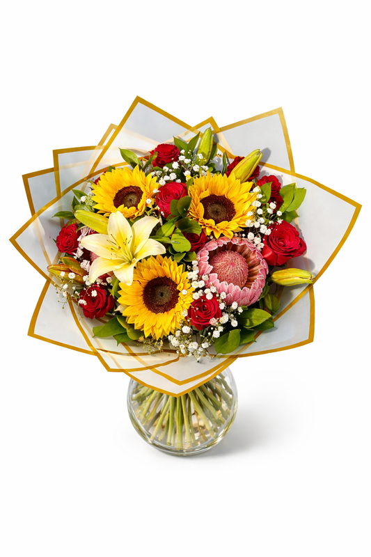 Sunshine and Roses Bunch with vase - Jihaans Flower Emporium