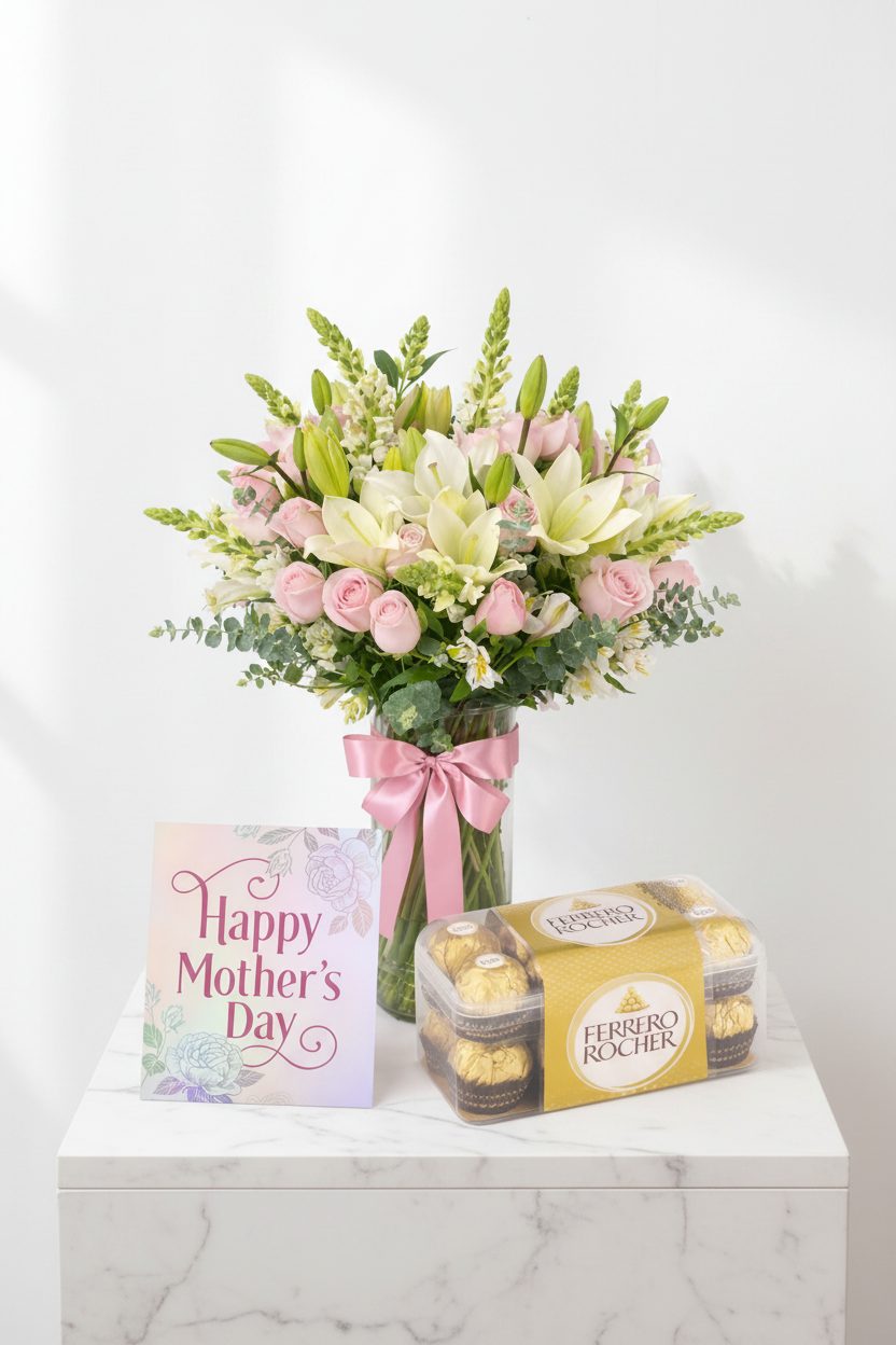 Beautiful blush lily flowers from Jihaans Flower Emporium's Luxe Mother’s Day Set, arranged in a elegant floral display.